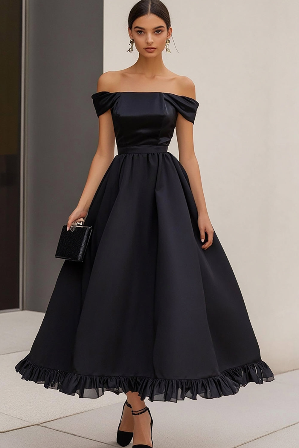 Black A Line Off the Shoulder Formal Dress
