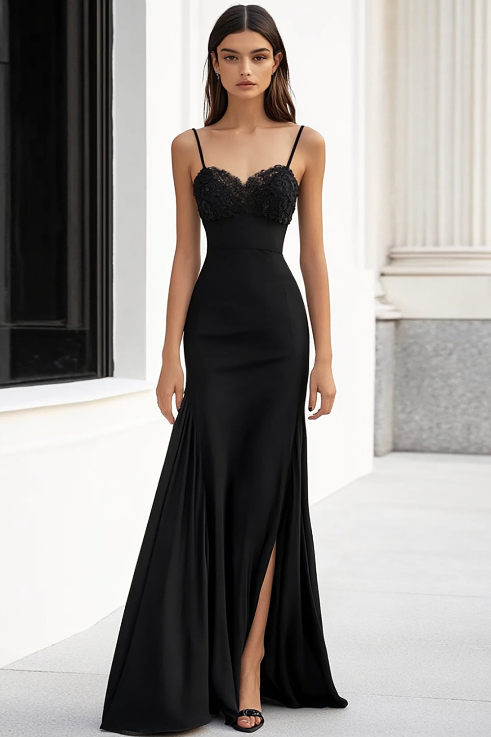 Black Spaghetti Straps Sheath Formal Dress with Slit