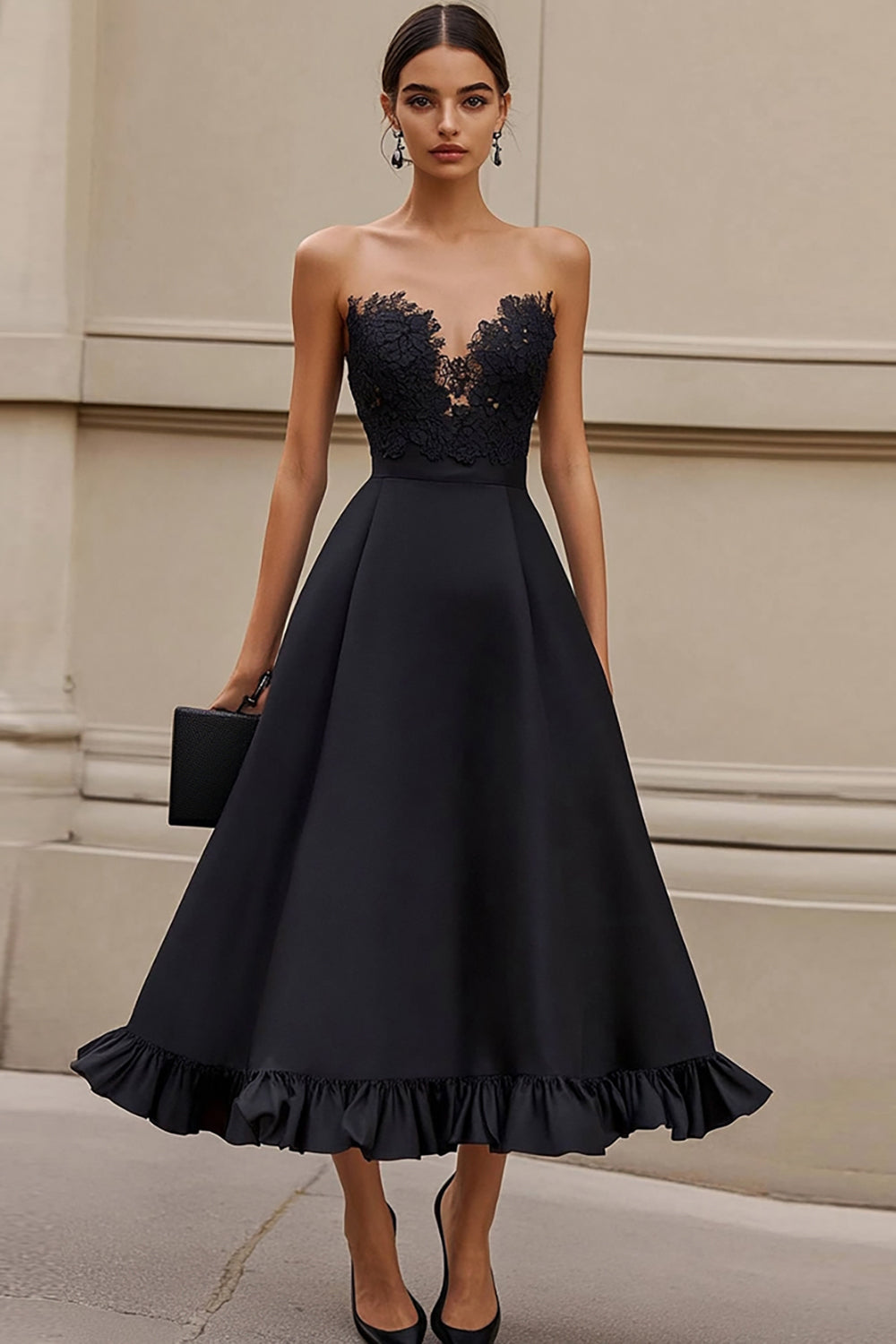 Black Strapless Appliqued Long Formal Dress with Ruffles