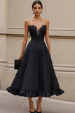 Black Strapless Appliqued Long Formal Dress with Ruffles