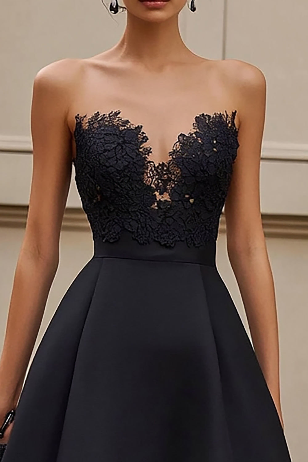 Black Strapless Appliqued Long Formal Dress with Ruffles