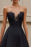 Black Strapless Appliqued Long Formal Dress with Ruffles