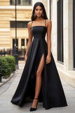 A Line Black Satin Long Formal Dress with Slit