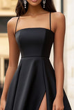 A Line Black Satin Long Formal Dress with Slit