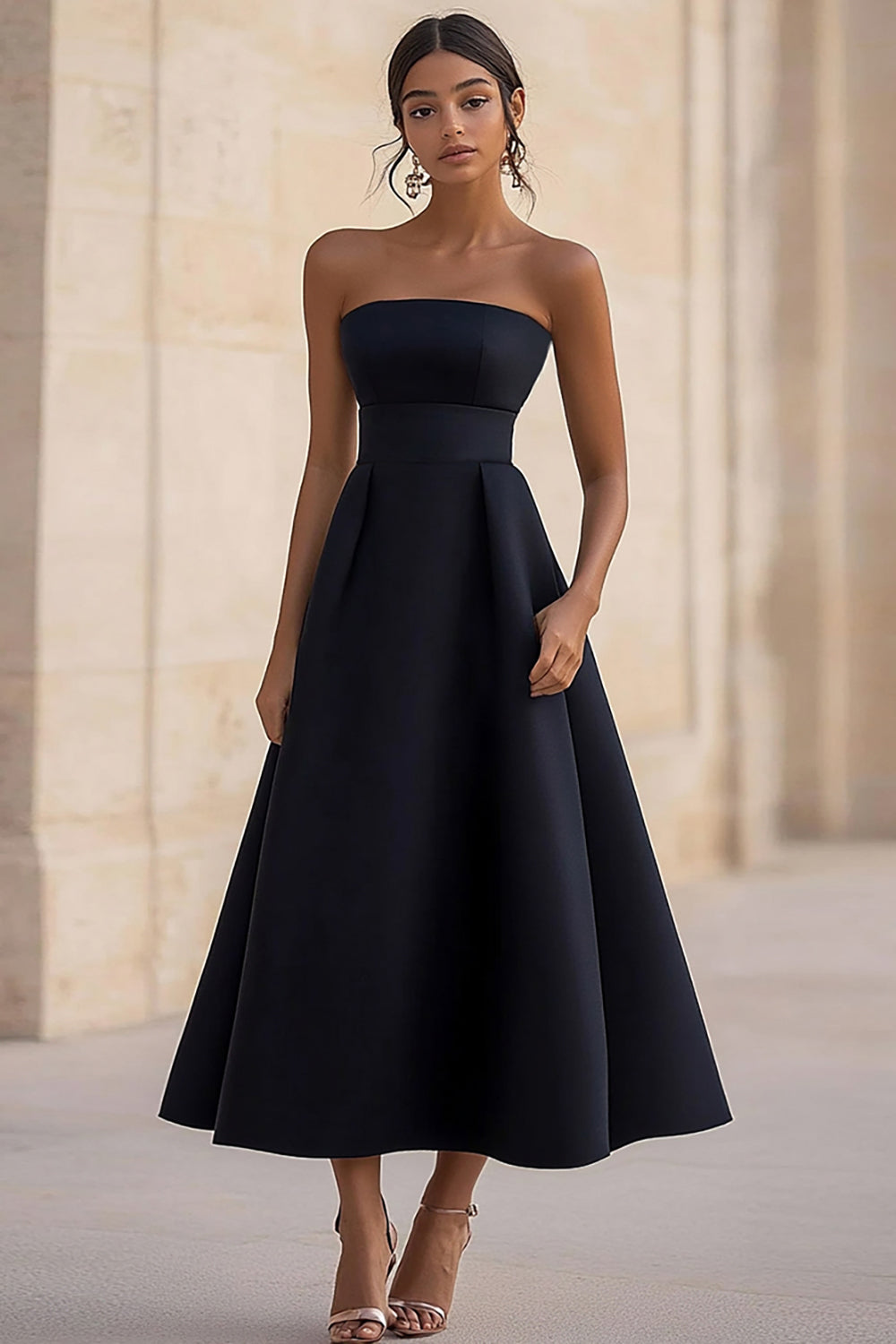A Line Satin Black Strapless Long Formal Dress