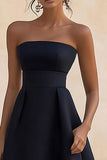 A Line Satin Black Strapless Long Formal Dress