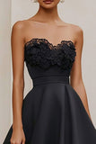 Satin Black Strapless A Line Long Formal Dress