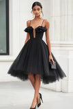 Tulle Black A Line Short Cocktail Dress with Ruffles