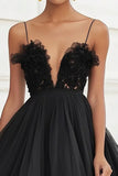Black Ruffled Tulle Spaghetti Straps Short Cocktail Dress