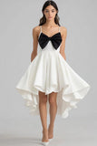 White and Black Satin A Line Short Graduation Dress with Bow