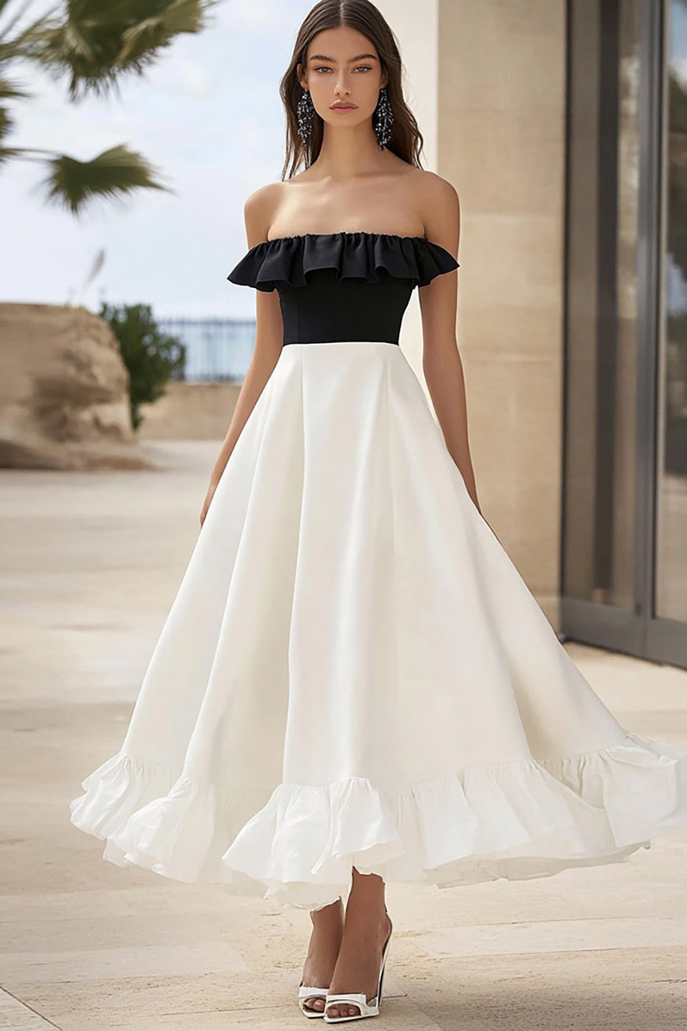 White and Black Satin A Line Strapless Graduatin Dress