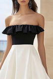 White and Black Satin A Line Strapless Graduatin Dress
