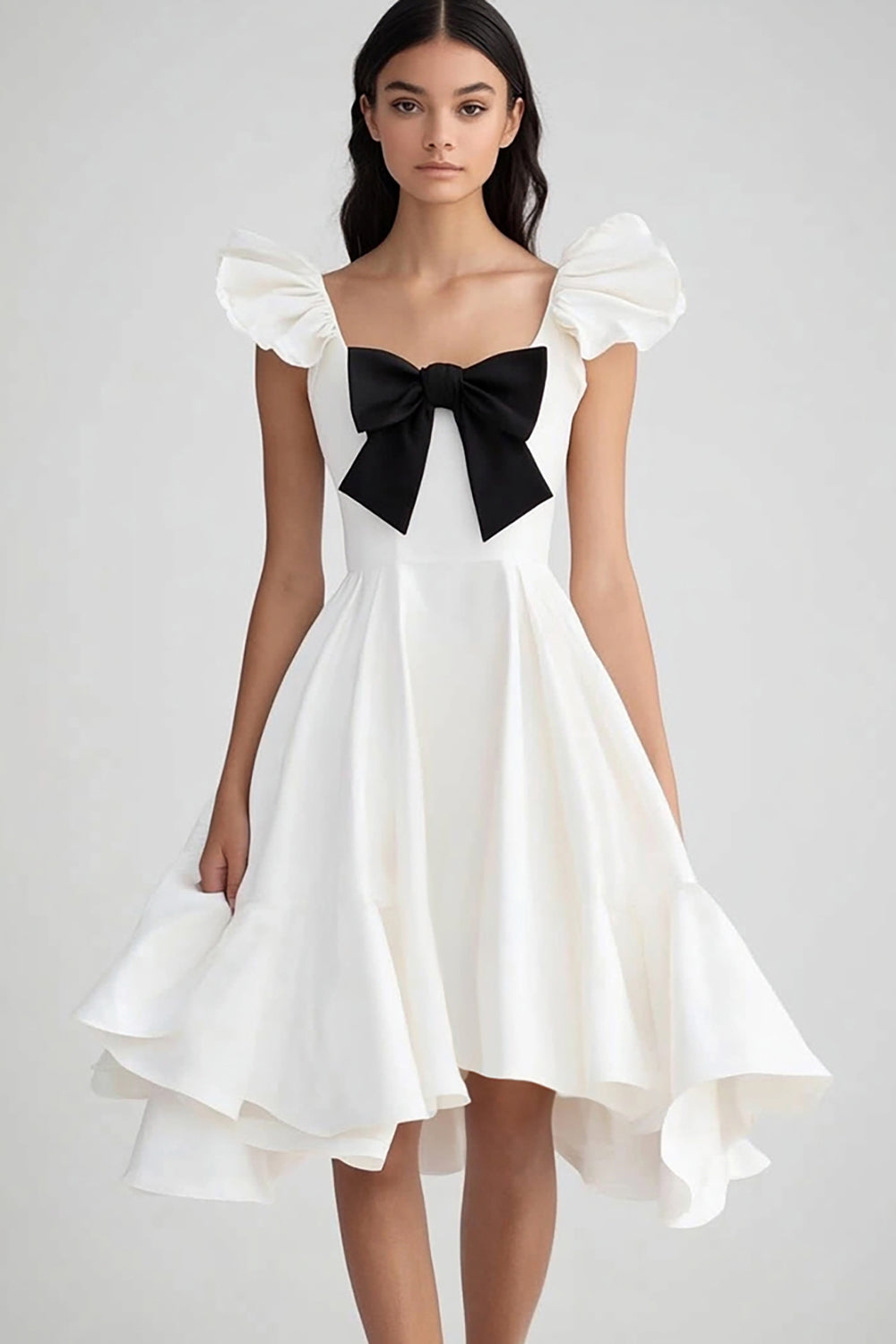 White and Black Satin Ruffled Graduation Dress with Bow