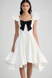 White and Black Satin Ruffled Graduation Dress with Bow