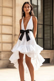 White and Black Satin Ruffled Short Graduation Dress with Bow