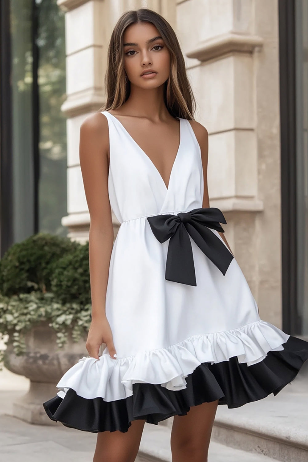 V Neck Satin Black and White Short Graduation Dress with Bow