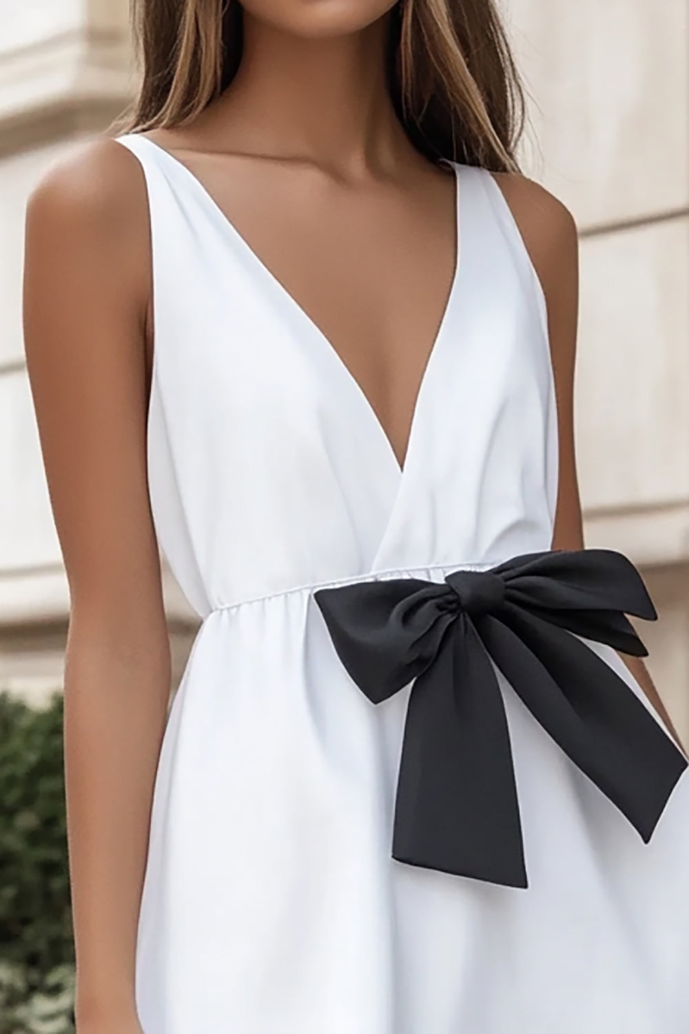 V Neck Satin Black and White Short Graduation Dress with Bow