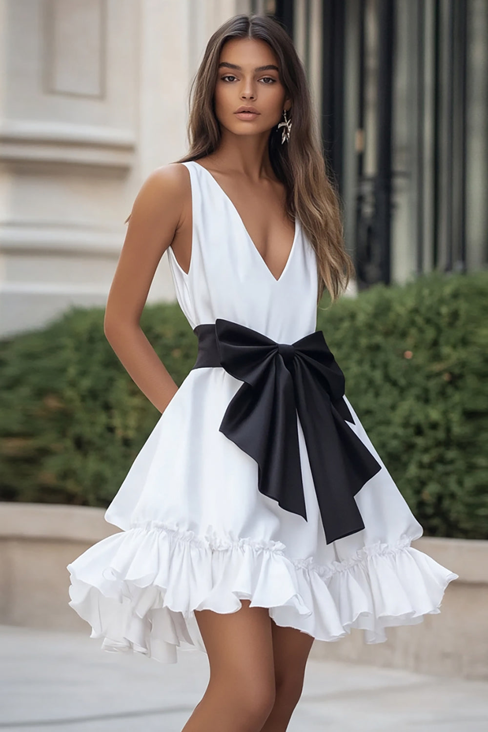 Satin Black and White V Neck Ruffled Short Graduation Dress with Bow