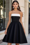 Black and White Strapless A Line Satin Short Cocktail Dress