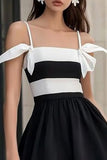 Black and White Satin Ruffled A Line Short Cocktail Dress with Bow