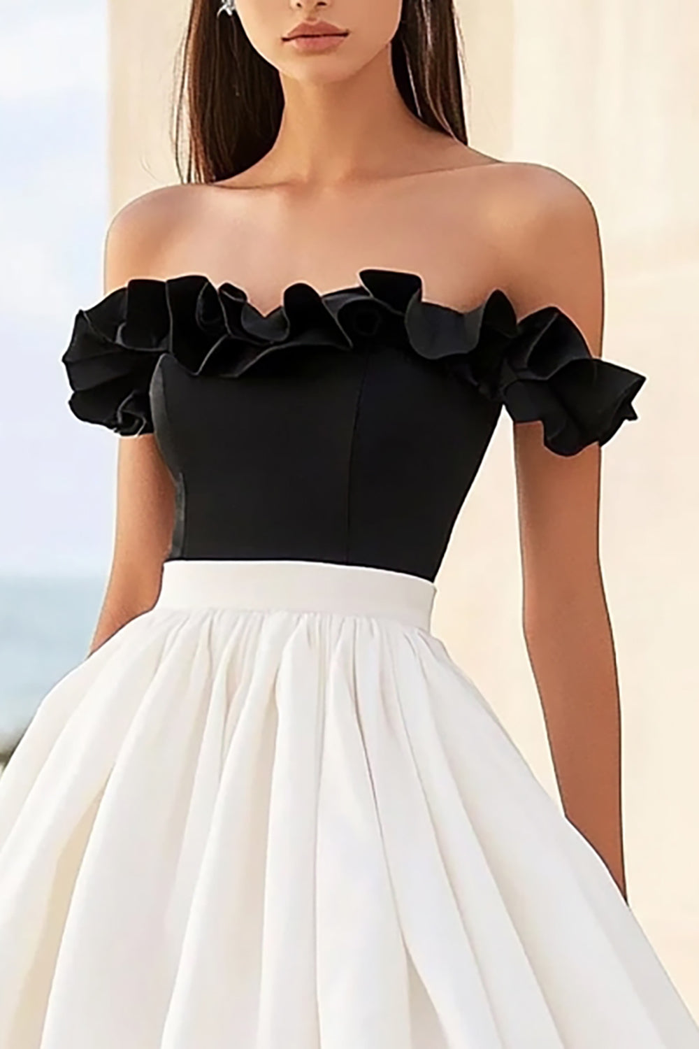 White and Black Ruffled Off the Shoulder Long Graduation Dress