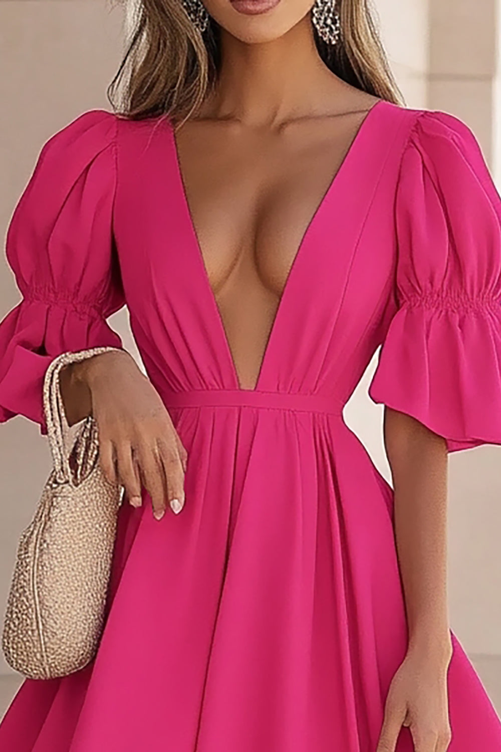 Fuchsia V Neck Half Sleeves Short Cocktail Dress