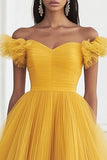 Yellow Tulle Ruffled Off the Shoulder Long Prom Dress