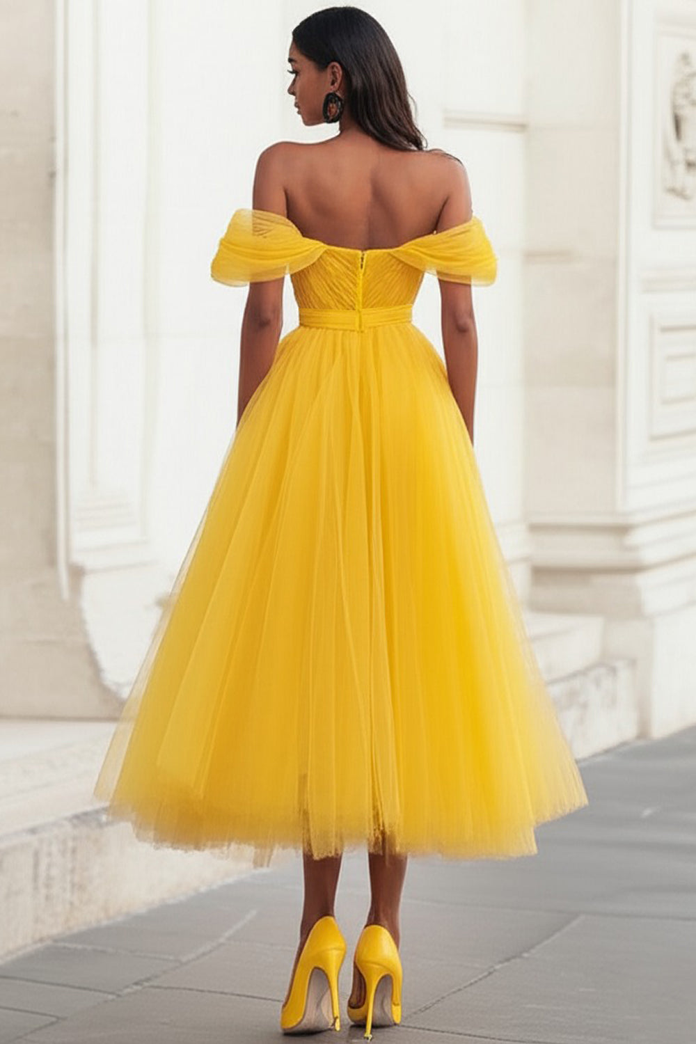 Yellow Off the Shoulder Tulle Pleated Long Prom Dress