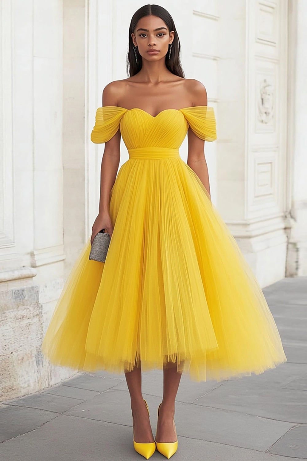 Yellow Off the Shoulder Tulle Pleated Long Prom Dress