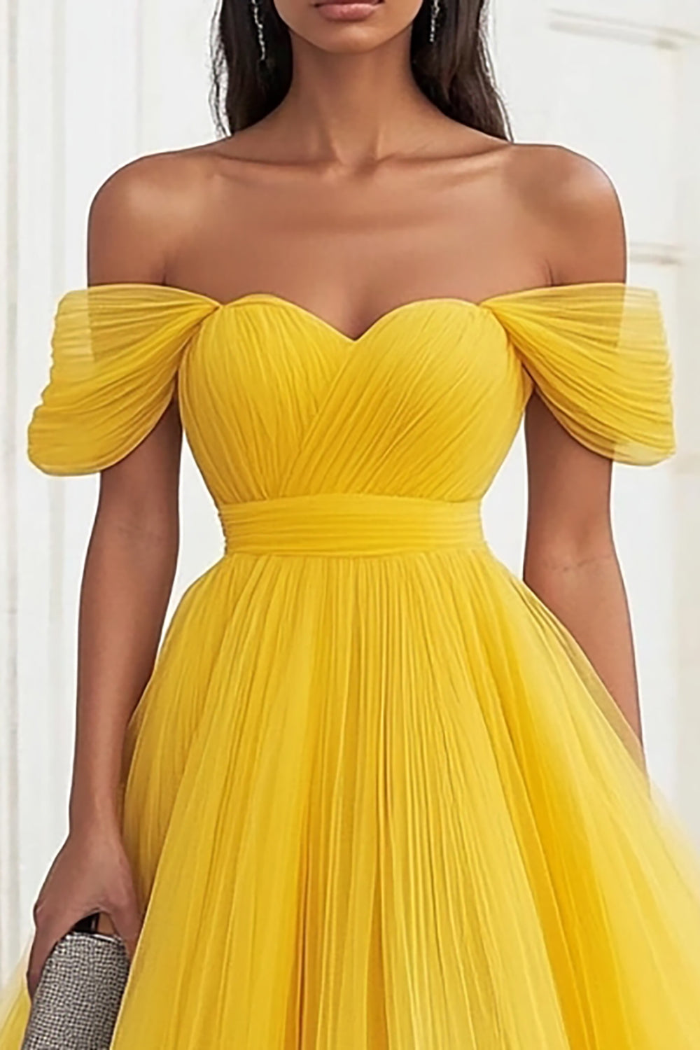 Yellow Off the Shoulder Tulle Pleated Long Prom Dress
