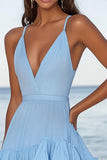 Ruffle Sky Blue A Line Spaghetti Straps Cocktail Dress