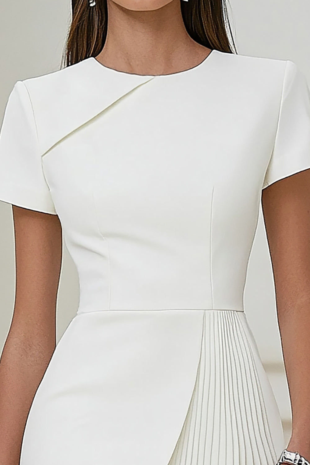 Ivory Pleated Work Dress with Short Sleeves