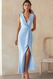 Sky Blue Satin V-Neck Long Work Dress with Slit