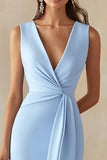 Sky Blue Satin V-Neck Long Work Dress with Slit