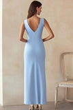 Sky Blue Satin V-Neck Long Work Dress with Slit