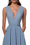 Grey Blue V-Neck A Line Satin Long Work Dress with Appliques