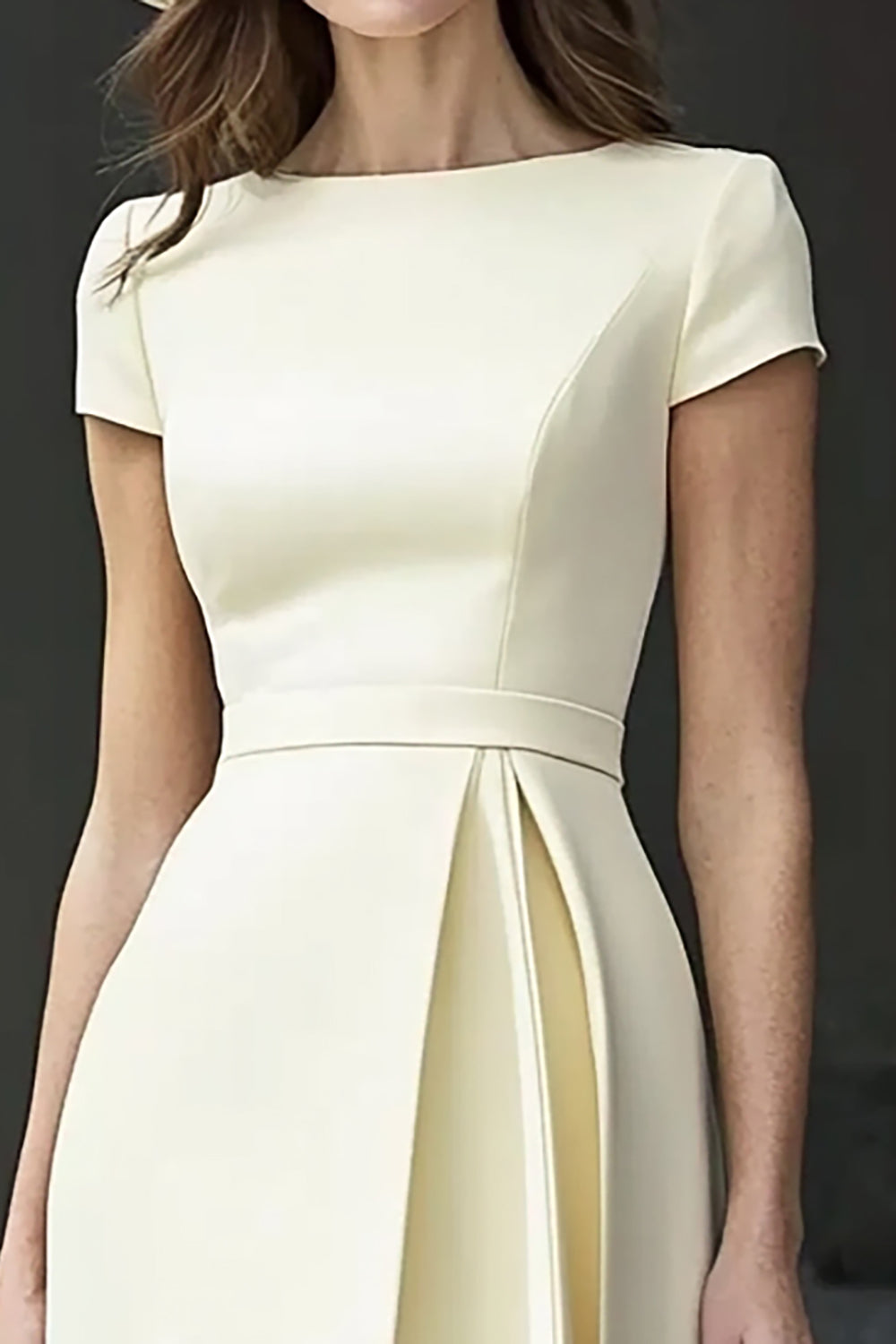 Light Yellow Satin A Line Boat Neck Long Work Dress