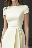 Light Yellow Satin A Line Boat Neck Long Work Dress