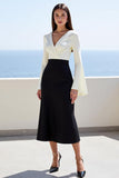Ivory and Black Satin Flare Sleeve Long  Work Dress