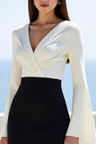 Ivory and Black Satin Flare Sleeve Long  Work Dress