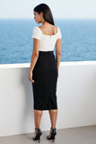 Ivory and Black Bodycon Satin Tea-Length Work Dress with Slit