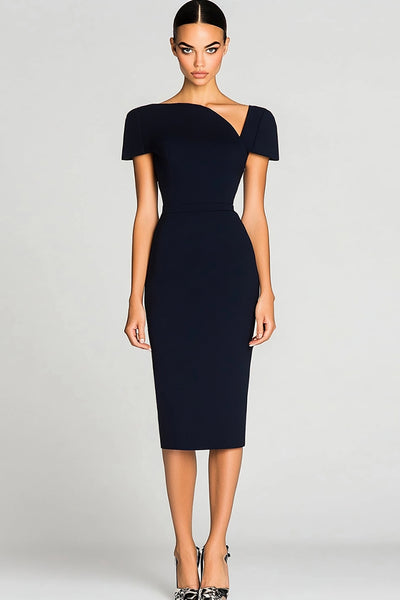 Zapaka Women Black Satin Midi Work Dress Bodycon Off the Shoulder Cocktail Dress, Black / US20W