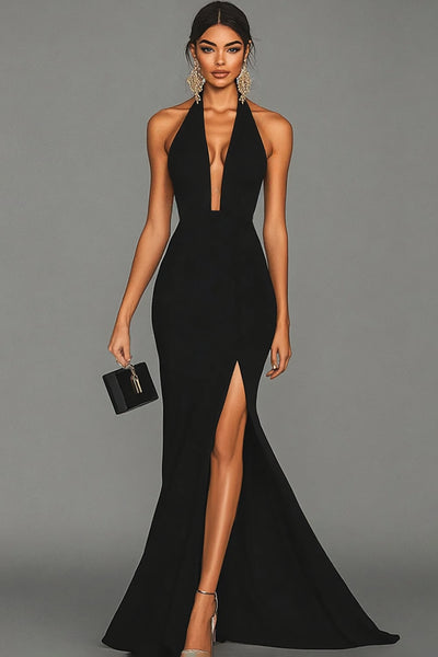 ZAPAKA Women Halter Formal Dress with Slit Mermaid Sleeveless Deep V Neck Long  Black Tie Dress
