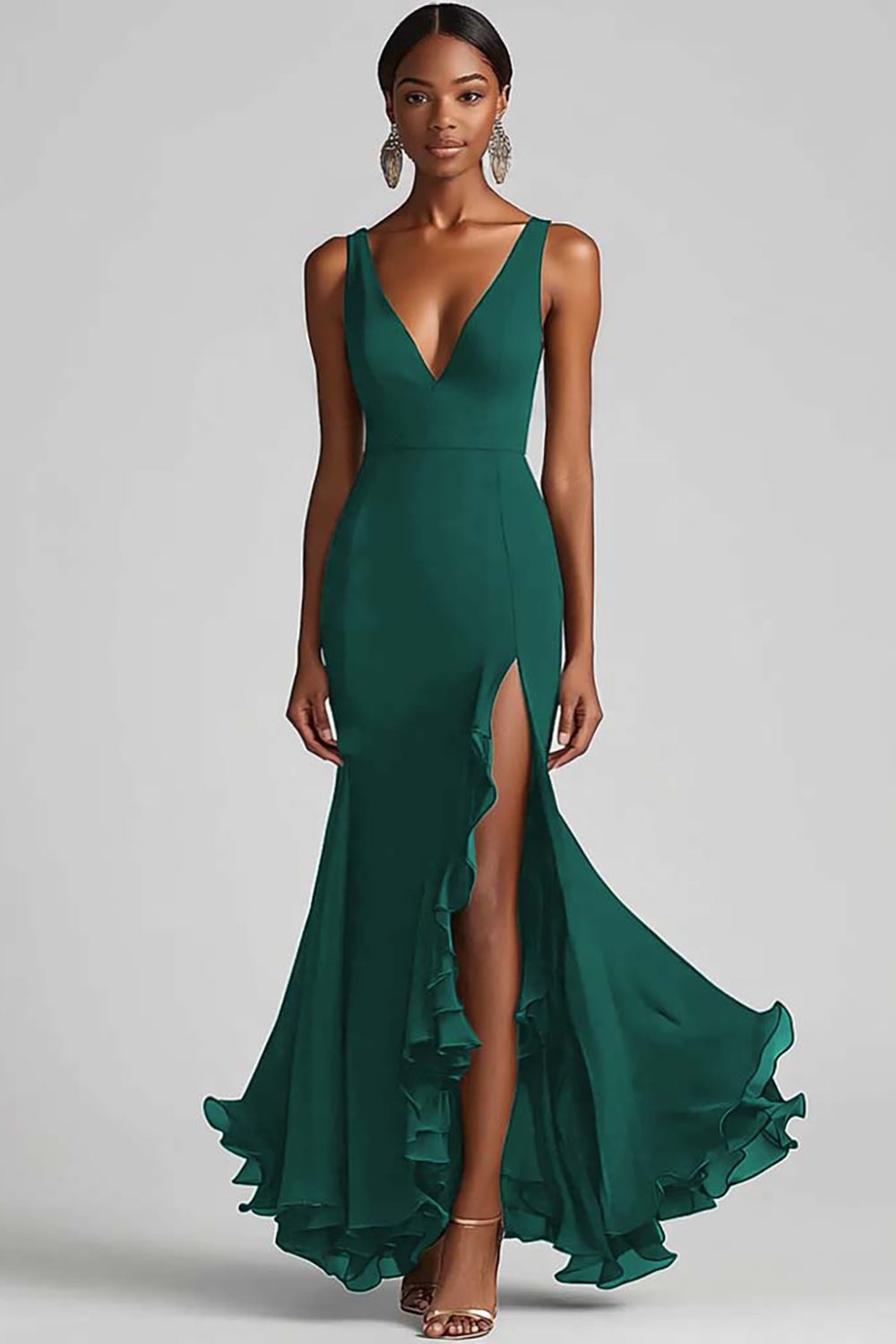 Black V Neck Ruffled Mermaid Formal Dress with Slit