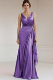 Grey Blue V Neck A Line Long Formal Dress