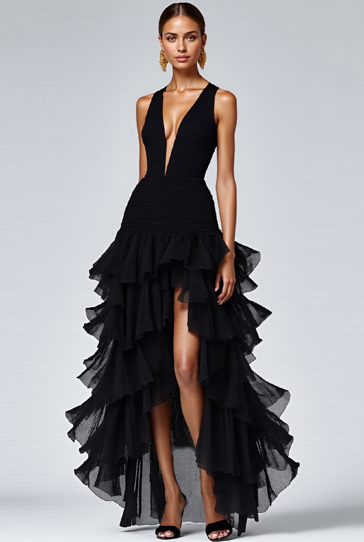 Black V Neck Long Formal Dress With Slit