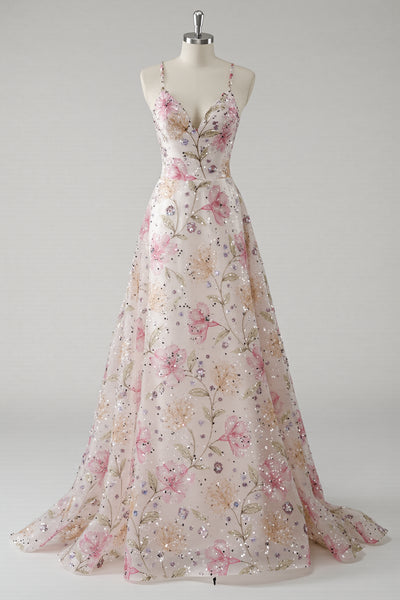 ZAPAKA Women Pink Prom Dress A Line Spaghetti Straps Floral Long Evening Dress With Sequins, Pink / US26W ZAPAKA Women Pink Prom Dress A Line Spaghetti Straps Floral Long Evening Dress With Sequins, Pink / US26W