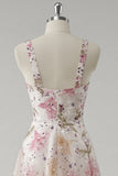 Sparkly Pink A Line Floral V Neck Long Prom Dress