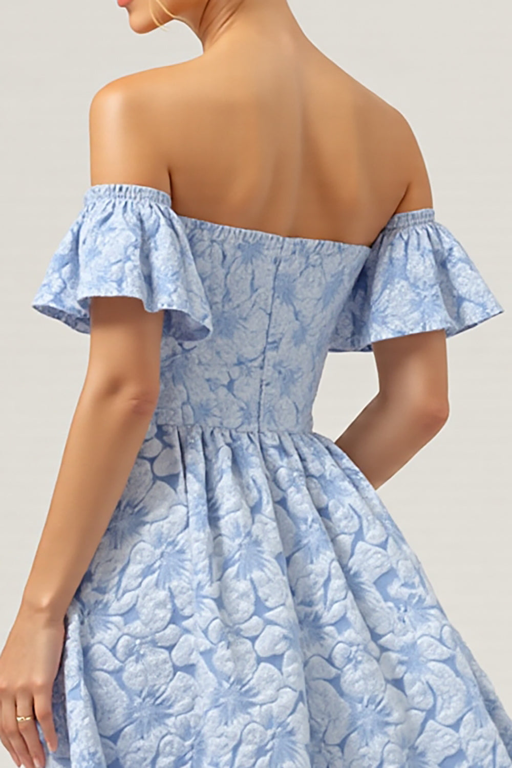 Off The Shoulder Blue Bridesmaid Dress with Ruffled Sleeves