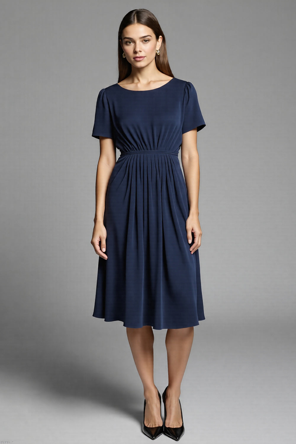 Navy Simple A Line Short Sleeves Midi Work Dress